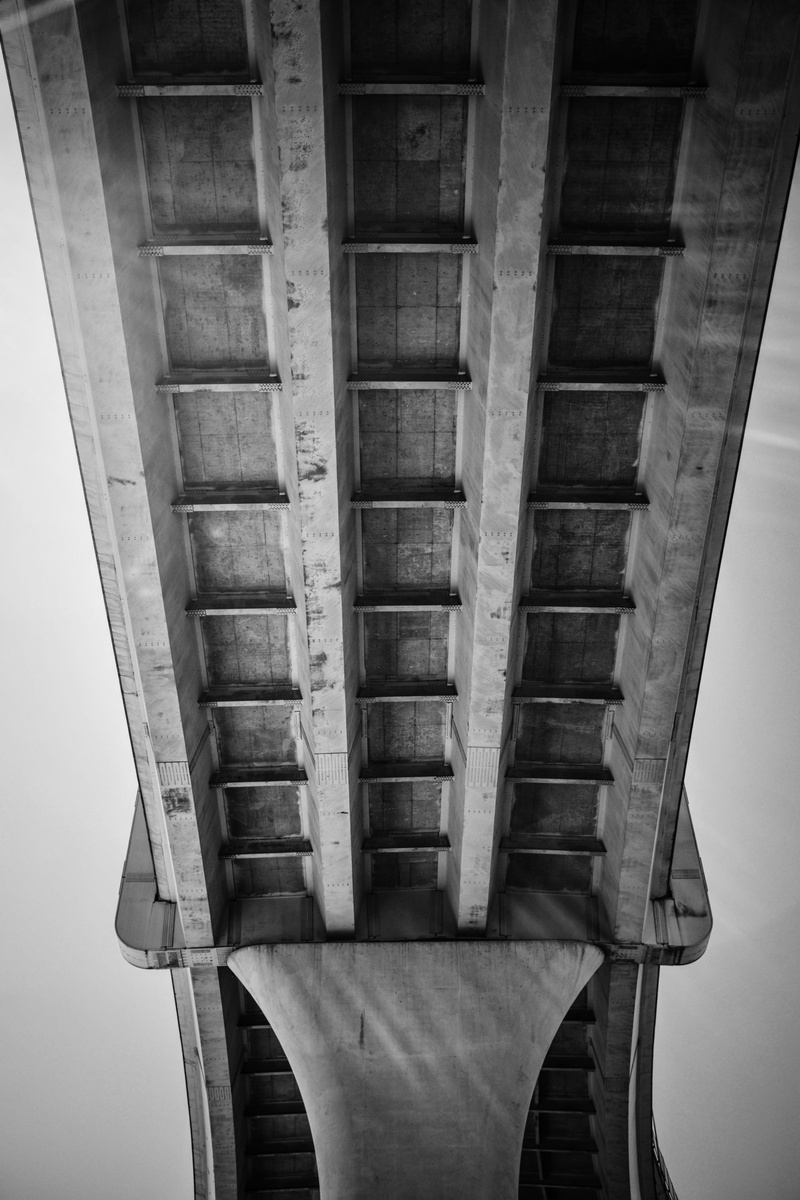 girder, bridge - man made structure, moody, sky, transportation, urban, bridge, bandw, concrete, infrastructure, grid, black and white, united states, architectural column