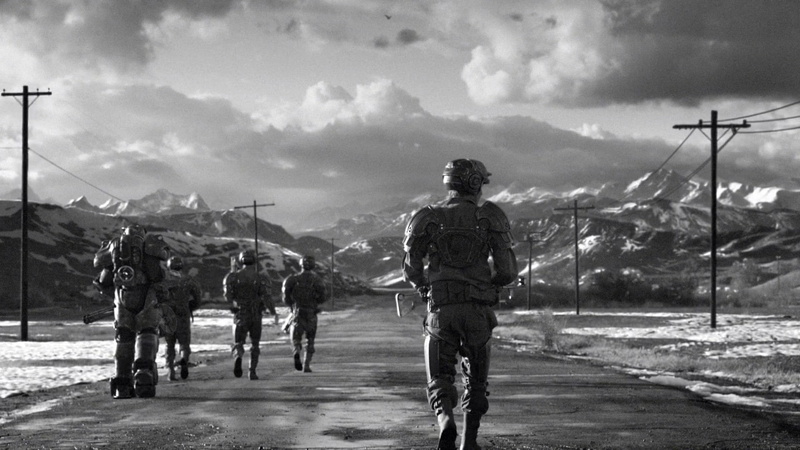 mammal, armed forces, nature, outdoors, street, 1080P, Fallout, government, rear view, Fallout 4, monochrome, day, transportation, full length, men, road