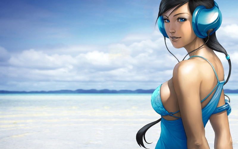 beaches, nature, Pepper Project, Blue Eyes, eyes, hd, 720P, project, blue, women, pepper, brunettes, art, headphones, artwork