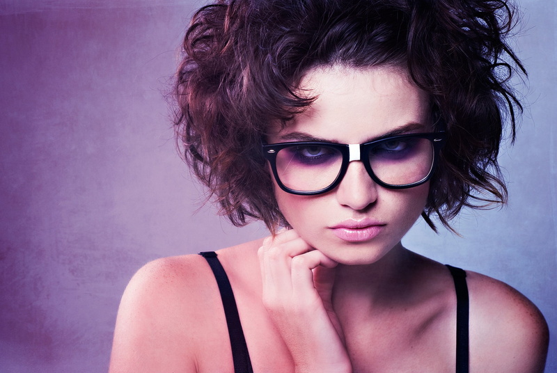 contemplation, adult, brown hair, glasses, hair, messy hair, face, women, 1080P, studio shot, purple, depression - sadness, human face, portrait, fashion