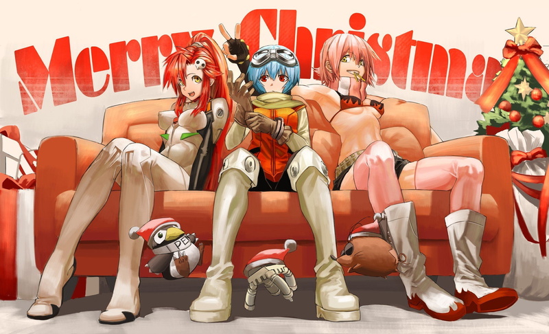 FLCL, Neon Genesis Evangelion, Haruhara Haruko, Gainax, Pen², Anime Girls, anime, Ayanami Rei, christmas, Tengen Toppa Gurren Lagann, Crossover, 1080P