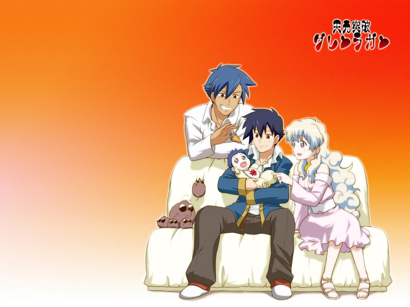 anime, adult, women, studio shot, Kamina, 720P, childhood, group of people, colored background, females, full length, males, people, indoors, Tengen Toppa Gurren Lagann