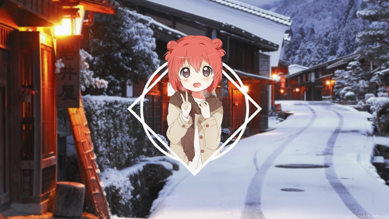 representation, focus on foreground, Akaza Akari, building, tree, illuminated, snow, outdoors, built structure, anime girls, no people, architecture, building exterior