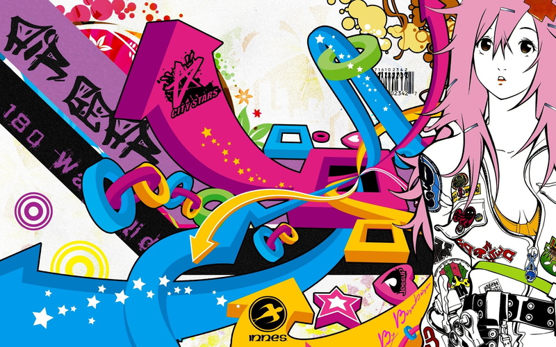 anime girls, communication, day, anime, inflatable, alphabet, 1080P, colorful, travel, western script, Sumeragi Kururu, Air Gear, multi colored, graffiti