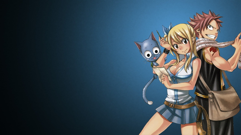 fairy, Fairy Tail, digital, couple - relationship, copy space, Anime, lucy, men, natsu, colored background, togetherness, adult, mammal, women, Happy (Fairy Tail)