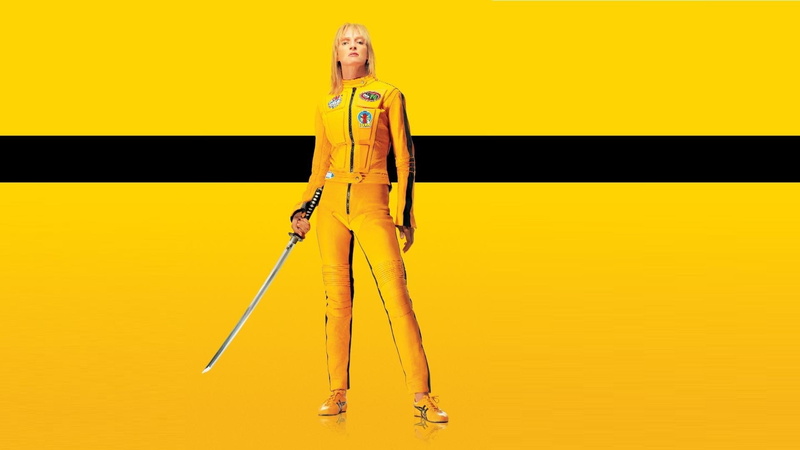 kill bill vol, adult, yellow background, women, yellow, colored background, indoors, hairstyle, beautiful woman, looking at camera, studio shot, holding