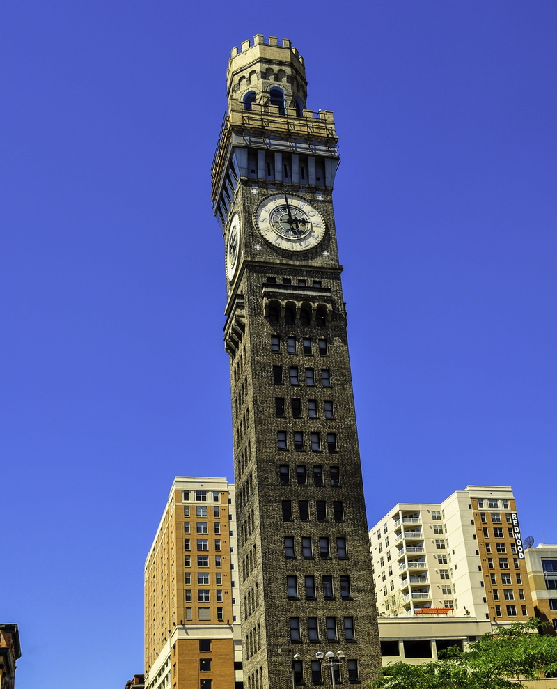 low angle view, blue, United States, maryland, bromo-seltzer, day, architecture, building, skyscraper, outdoors, Maryland, clock tower, clear sky, bromo