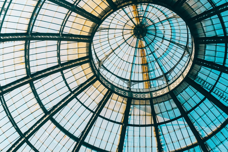 arcade, ornate, italy, glass, blue, tourism, milan, no people, concentric, geometric shape, roof, full frame, abstract, artistic, glass - material, round