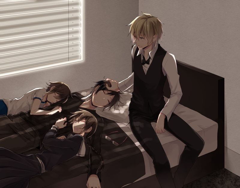 indoors, hair, people, sitting, kururi orihara, heiwajima shizuo, women, two people, blond hair, izaya orihara, wall - building feature, real people, home interior