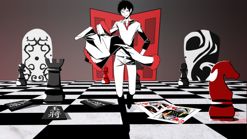 anime, Chess, Durarara!!, Selective Coloring, Orihara Izaya, 2K, cards