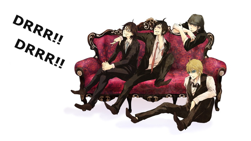 black suit, grin, glasses, on the couch, 1080P, Heiwajima Shizuo, Lost Kyohei, guys, Orihara Izaya, tie, white background, Shin Ra Kishitatani, durarara!!