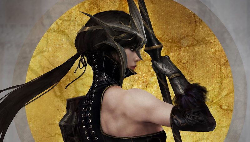 weapons, glove, black hair, lacing, spear, 1080P, Johnson Ting, Black Queen, high collar, profile, art