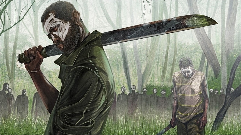 forest, tree, clip, man, machete, lifestyles, adult, green color, anger, nature, holding, artwork, standing, mid adult men, art, day, males, people, outdoors