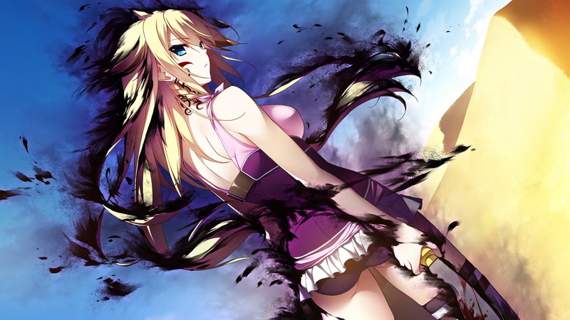 sky, tattoo, blue eyes, looking at viewer, machete, looking back, purple dresses, dress, Game CG, blonde, miniskirt, long hair, skirt, anime, blood, desert