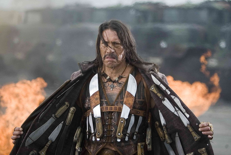 front view, males, adult, waist up, cultures, guerrero, looking at camera, aggression, adventure, clothing, looking, men, weapon, Danny Trejo, 2K, standing