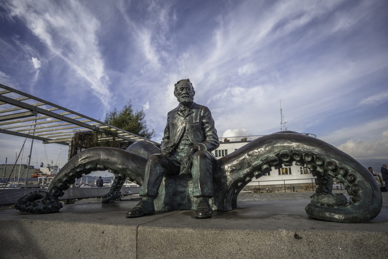 statue, ship, fantasy art, artwork, Spain, sky, connection, built structure, low angle view, sculpture, the past, Vigo, craft, boat, art and craft, octopus