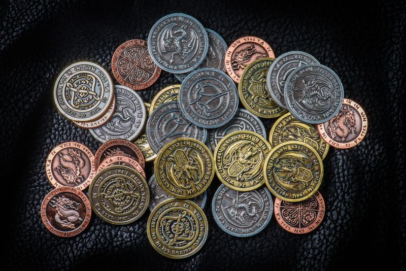 still life, no people, rpg coins, black background, atique coins, studio shot, stack, craft, banking, Rpg, design, currency, geometric shape, Larp, large group of objects