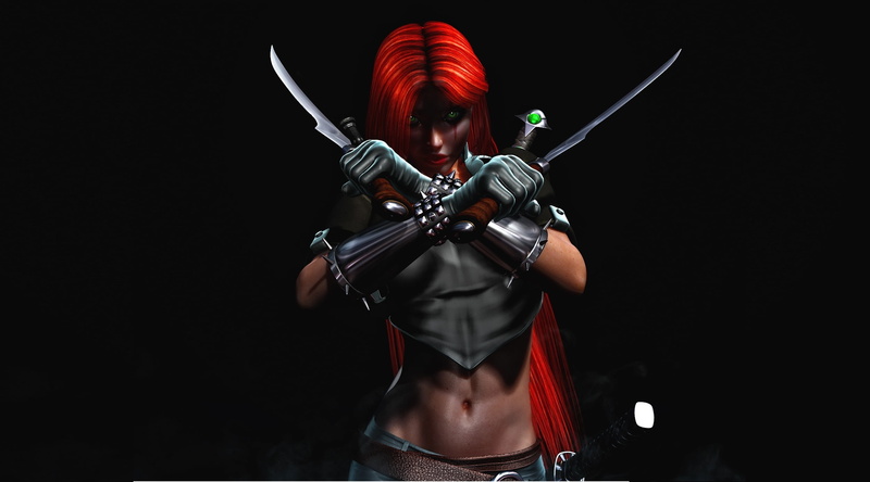 red hair, character, lifestyles, sword, weapon, front view, vampire, suit of armor, 1080P, strength, athlete, young adult, BloodRayne, green eyes, illustration