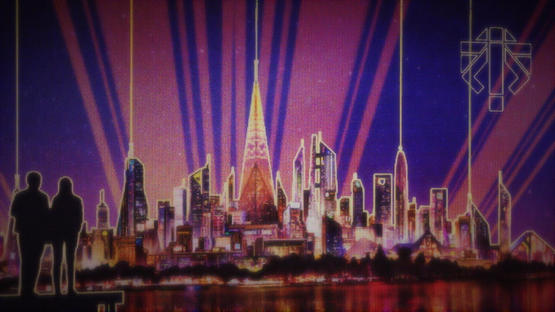 office building exterior, laser, digital composite, city, group of people, Video Game Art, sky, waterfront, light, XCOM 2, building, illuminated, stage