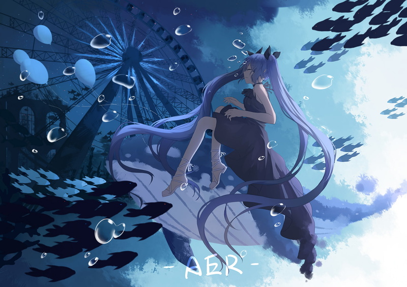 animal, (vocaloid), signed, 720P, twintails, water, deep-sea, blue, konachan, girl, com, underwater, 255490, fish, hatsune, ajisashihou, vocaloid, hair