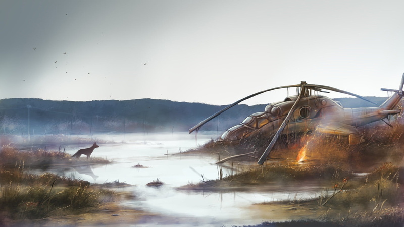 destruction, illustration, sunlight, sky, fire, apocalyptic, animals, video games, 1080P, helicopters, Mil Mi-24, motion, wreck, near, lens flare, outdoors