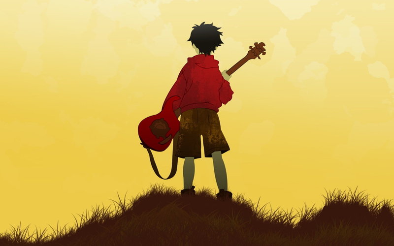 musical instrument, child, nature, FLCL, lifestyles, plant, sunset, full length, real people, holding, Nandaba Naota, girls, sky, 2K, land, childhood