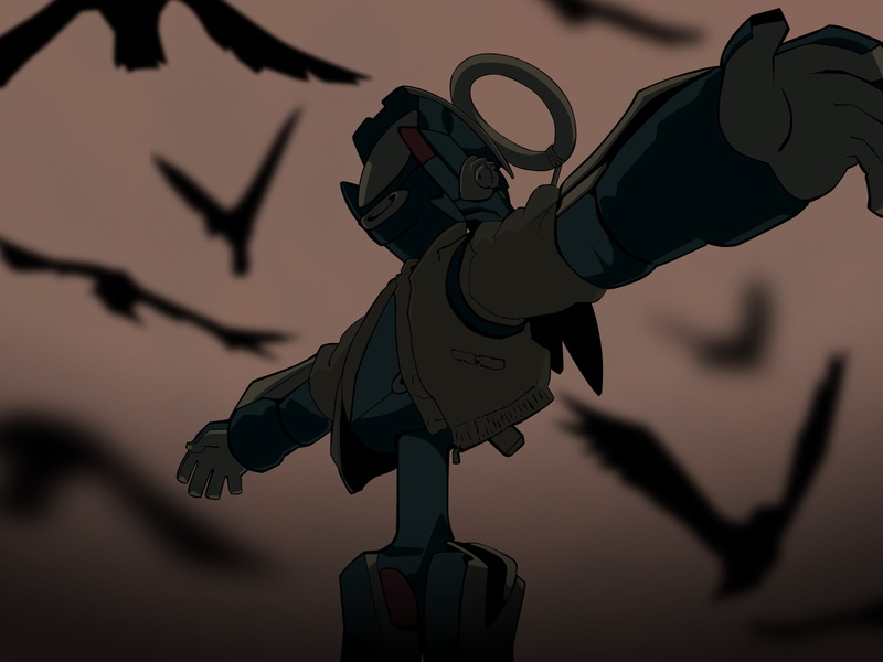 low angle view, outdoors, FLCL, shadow, still life, creativity, robot, sunset, sky, day, focus on foreground, Canti, close-up, human representation, anime