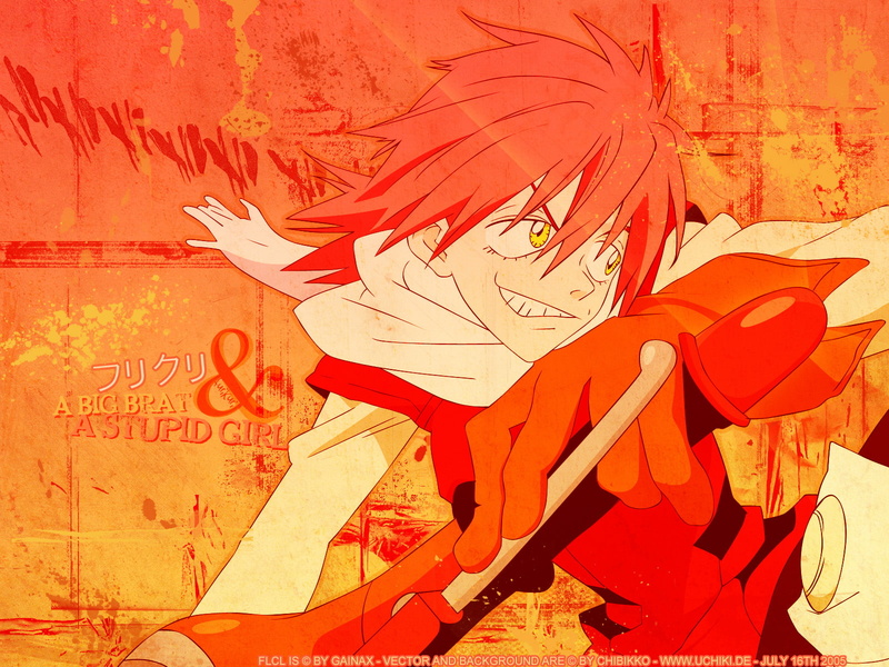 haruko, fooly, gloves, short, eyes, scarfs, hair, anime, haruhara, yellow, bangs, girls, 720P, grin, cooly, orange, text, vespa, flcl