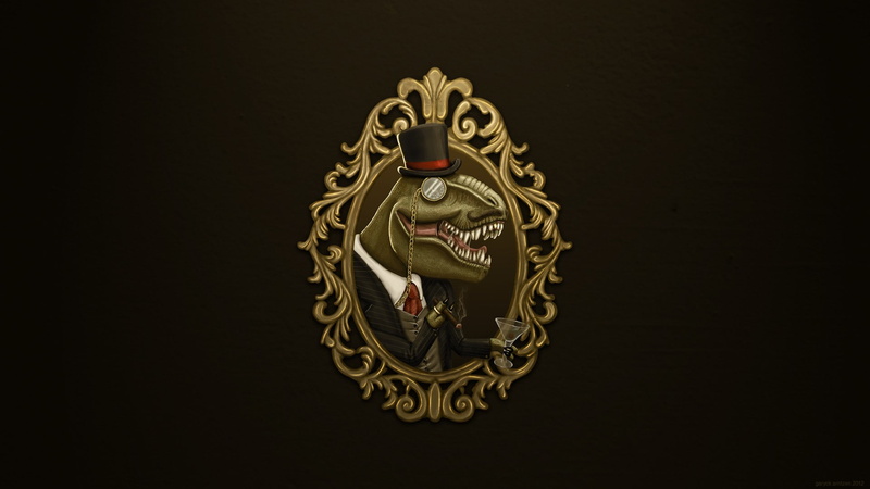 suits, cigars, T-Rex, minimalism, picture frames, glasses, top hats, dinosaurs, 1080P, brown background, digital art, simple background
