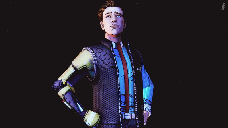 young men, low angle view, one person, standing, 1080P, studio shot, front view, young women, tales from the borderlands, black background, indoors, portrait