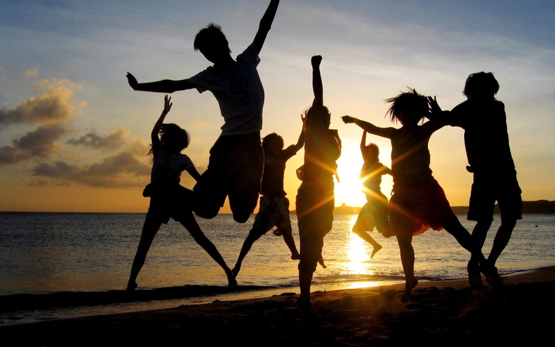 cheerful, freedom, sea, youth Culture, jump, silhouette, light, celebration, shore, 1080P, beach Party, lifestyles, outdoors, human arm, travel Destinations