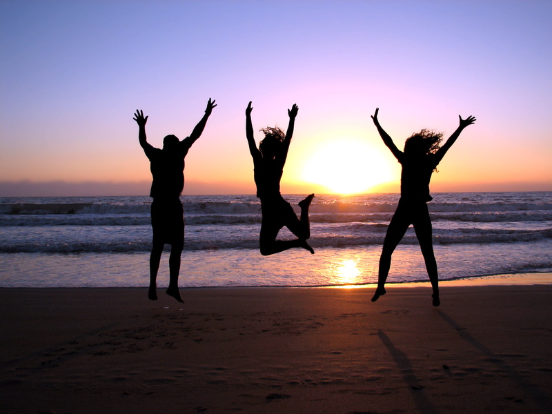 joy, sunlight, horizon over water, togetherness, enjoyment, arms Outstretched, cheering, adult, leisure Activity, arms Raised, young Adult, relaxation
