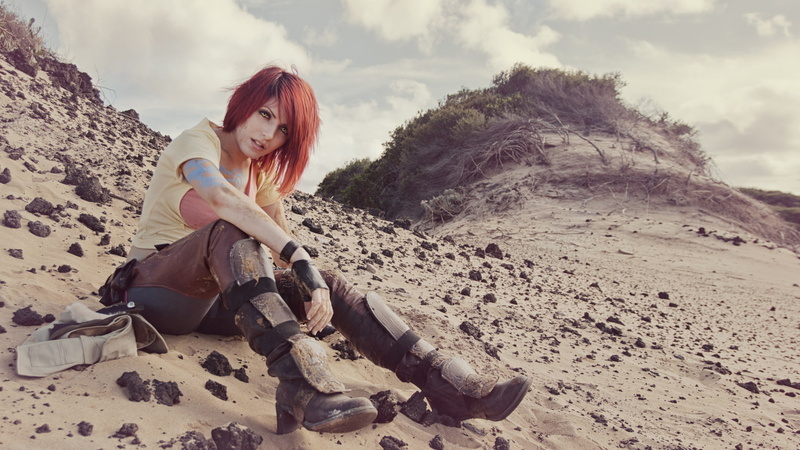 beautiful woman, Lilith, beach, redhead, nature, young adult, cosplay, real people, Borderlands, women, beauty in nature, sitting, casual clothing, one person
