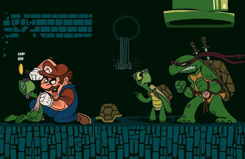 art and craft, night, representation, Teenage Mutant Ninja Turtles, green color, communication, Crossover, illuminated, Mario, cartoon, cute, 720P, computer icon