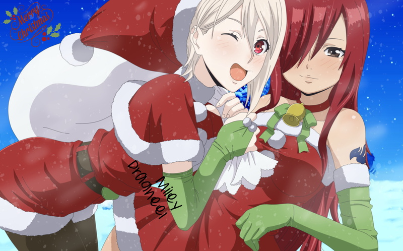 2K, Glove, Blush, Fairy Tail, Crossover, Wink, Anime, Christmas, Erza Scarlet, Blonde, Dress, Red Dress, Red Eyes, Red Hair, Santa Hat, Smile, Long Hair