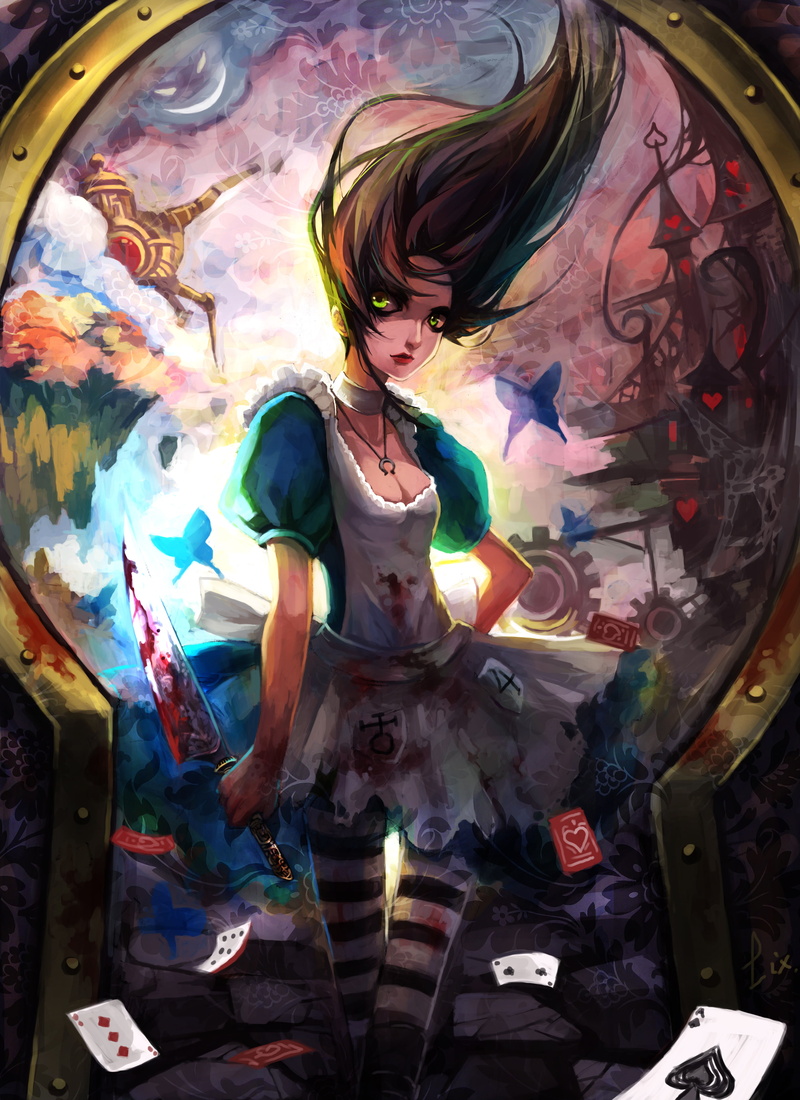 anime girls, messy, front view, leisure activity, Alice in Wonderland, indoors, paint, graffiti, representation, female likeness, creativity, standing
