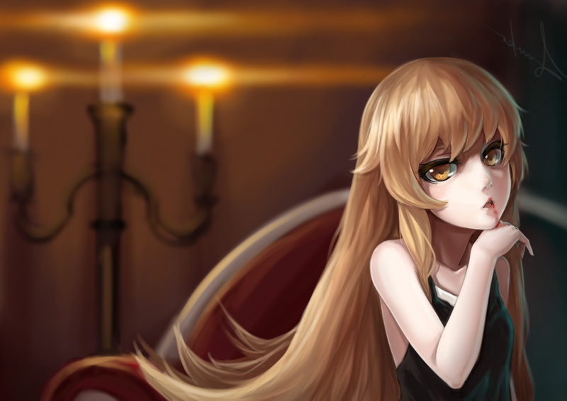 oshino shinobu, illustration, anime, shinobu, vampires, girl, brown, series, girls, anime girls, 4K, haired, monogatari series, oshino, monogatari