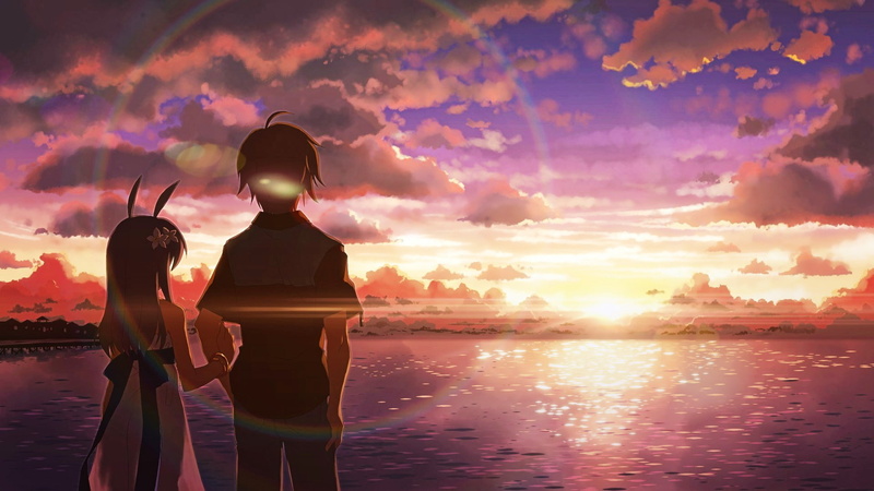 girls, river, back, boy, sunshine, anime, anime girls, 1080P, clouds