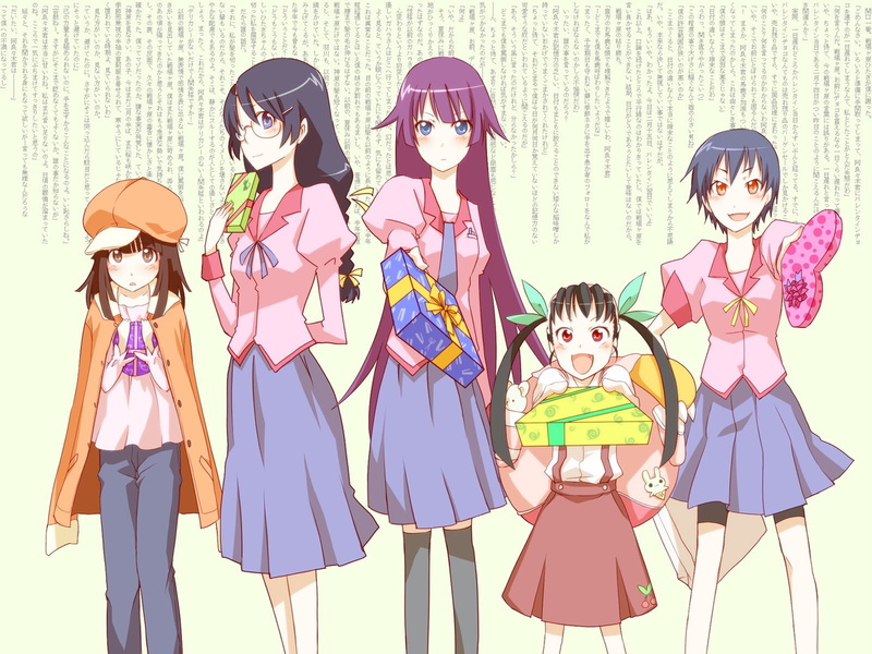 indoors, happiness, clothing, Monogatari Series, 720P, Senjougahara Hitagi, childhood, smiling, child, group of people, togetherness, anime girls, boys