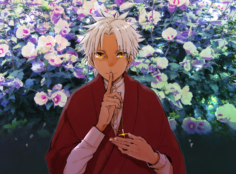 anime, looking at camera, vulnerability, young women, standing, leisure activity, flower, plant, Shirou Kotomine, outdoors, fashion, 1080P, waist up, anime boys