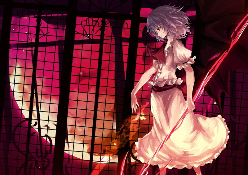 gungnir, hd, hair, Touhou, Moon, art, remilia, short, vampires, Dress, spears, short hair, wings, scarlet, 720P, anime, girls, space, moons