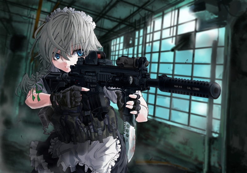 girls, koch, 1080P, x, anime, wallpap, Touhou, art, gun, izayoi, machine, hd, terabyte, heckler, sakuya, machine gun, silencer