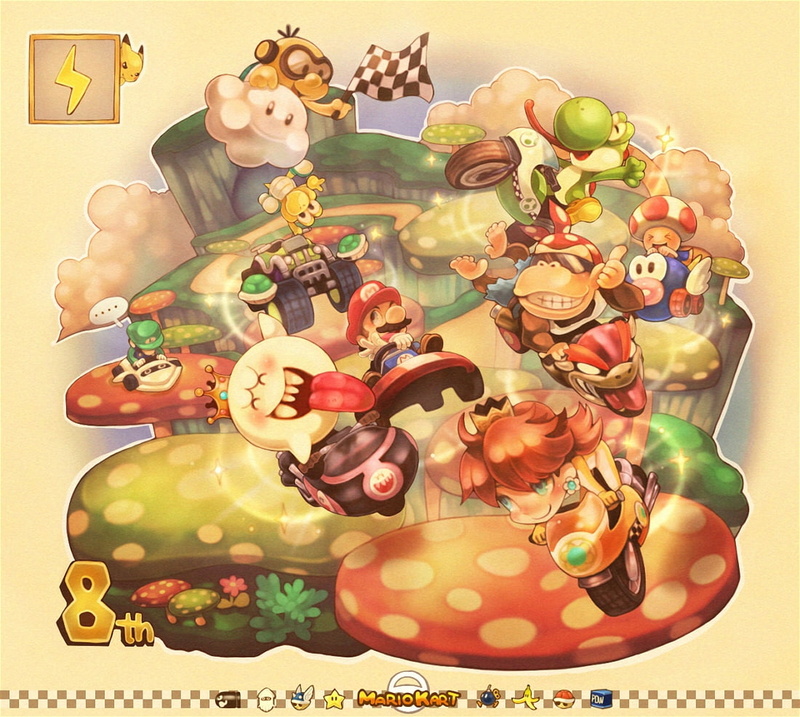 Mario, wallpape, 480P, ghosts, mushrooms, princess, luigi, donkey, hd, kong, flags, games, video, x, art, checkered, Pikachu, yoshi