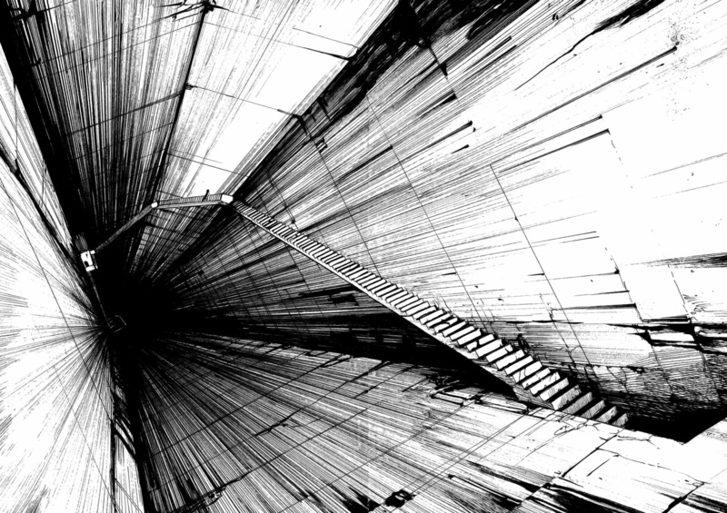 low angle view, ceiling, full frame, sunlight, architecture, metal, artwork tsutomu nihei blame, nature, day, staircase, steps and staircases, pattern