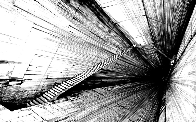 day, pattern, modern, architectural feature, architecture, indoors, ceiling, nature, roof, 1080P, low angle view, sunlight, metal, built structure, stairs manga tsutomu nihei monochrome