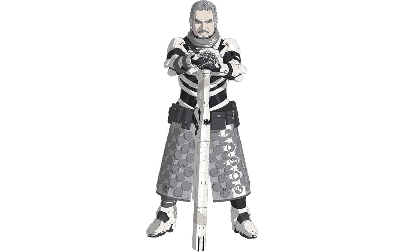 front view, sword, security, standing, serious, rope, indoors, copy space, one person, 1080P, white background, Blame!, full length, holding, cut out