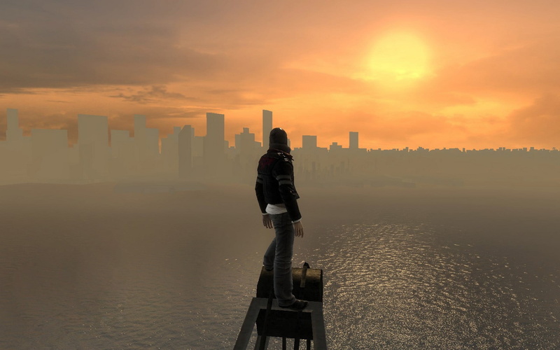 one person, lake, cloud - sky, screen shot, city, office building exterior, nature, leisure activity, orange color, building exterior, jacket, standing