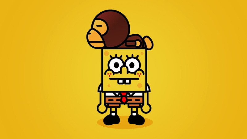 brown, humor, yellow background, copy space, standing, fun, minimalism, cartoon, people, orange color, illustration, SpongeBob SquarePants, 1080P, yellow