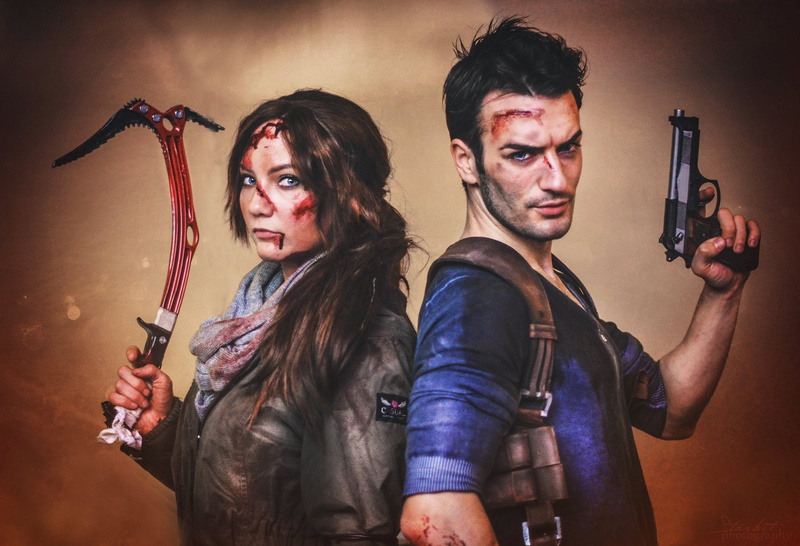 looking at camera, young adult, portrait, Men, handgun, holding, Uncharted, weapon, women, 1080P, Nathan Drake, communication, two people, Tomb Raider