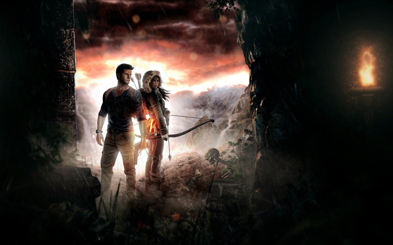 togetherness, nature, outdoors, land, real people, video games, 720P, architecture, full length, forest, silhouette, Lara Croft, sunset, sky, uncharted